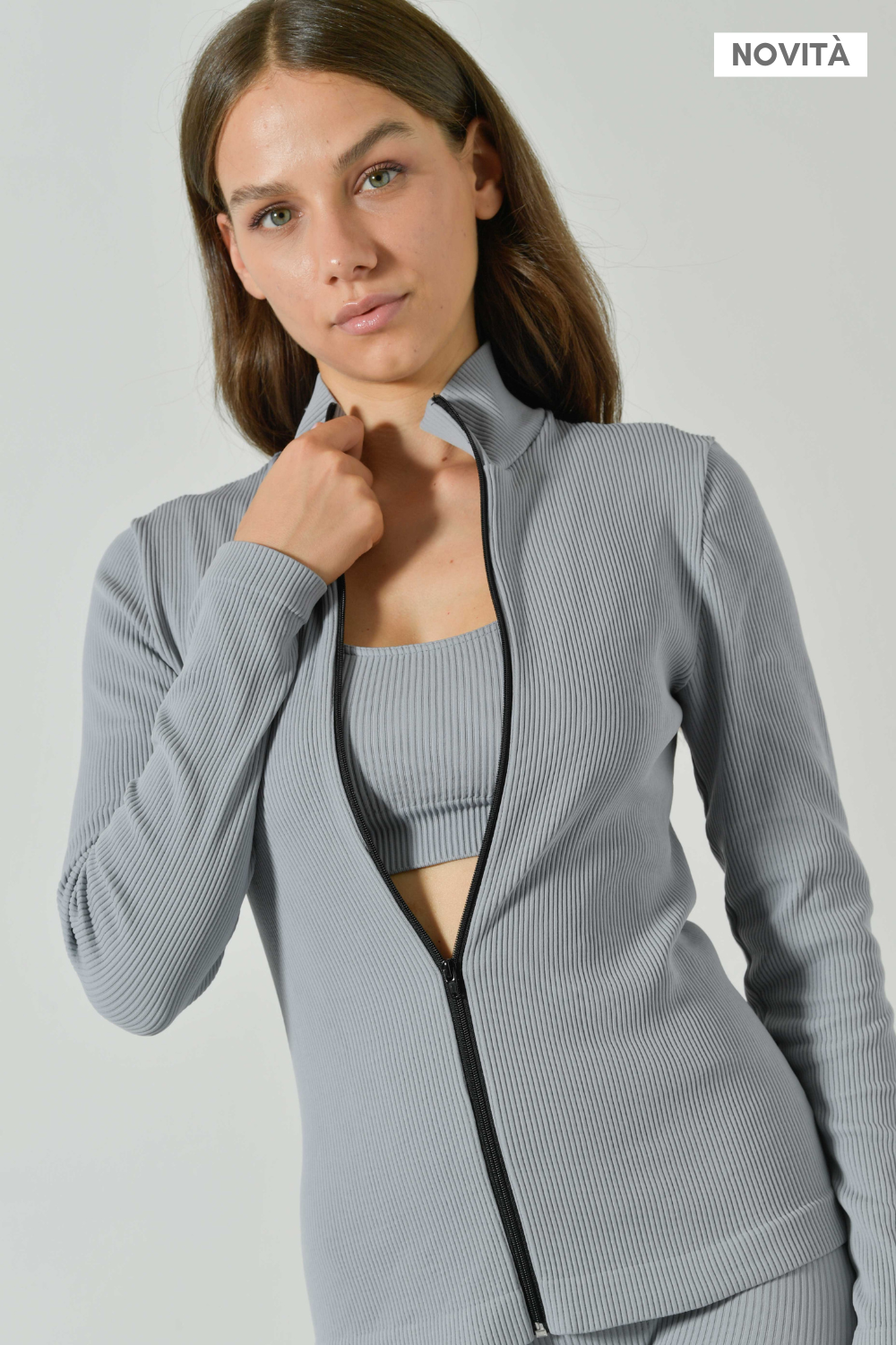 Zip-Up Seamless Microfiber Ribbed Sports Jacket, Sara Collection