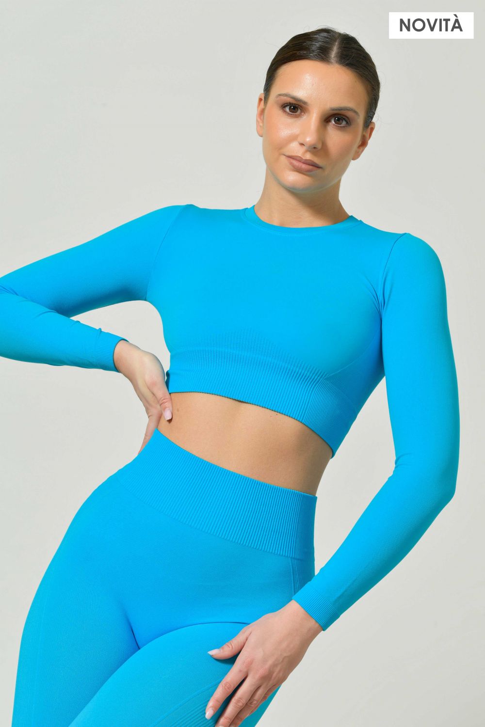 Langarm-Crop-Top aus nahtloser Mikrofaserrippe, Ilena-Collection