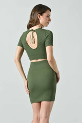 Ribbed Microfiber Top with Open Back and Bow, Sara Line