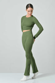 Seamless Microfiber Ribbed Flared High-Waisted Sports Leggings, Sara Collection