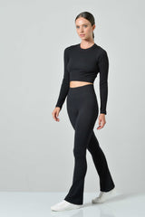 Seamless Microfiber Ribbed Flared High-Waisted Sports Leggings, Sara Collection